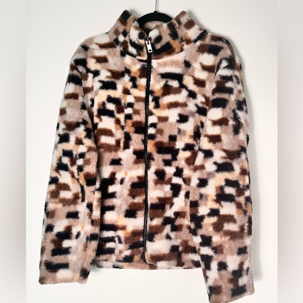 Rebecca Elliott Faux Fur Jacket with Faux Leather Trim - Size Medium